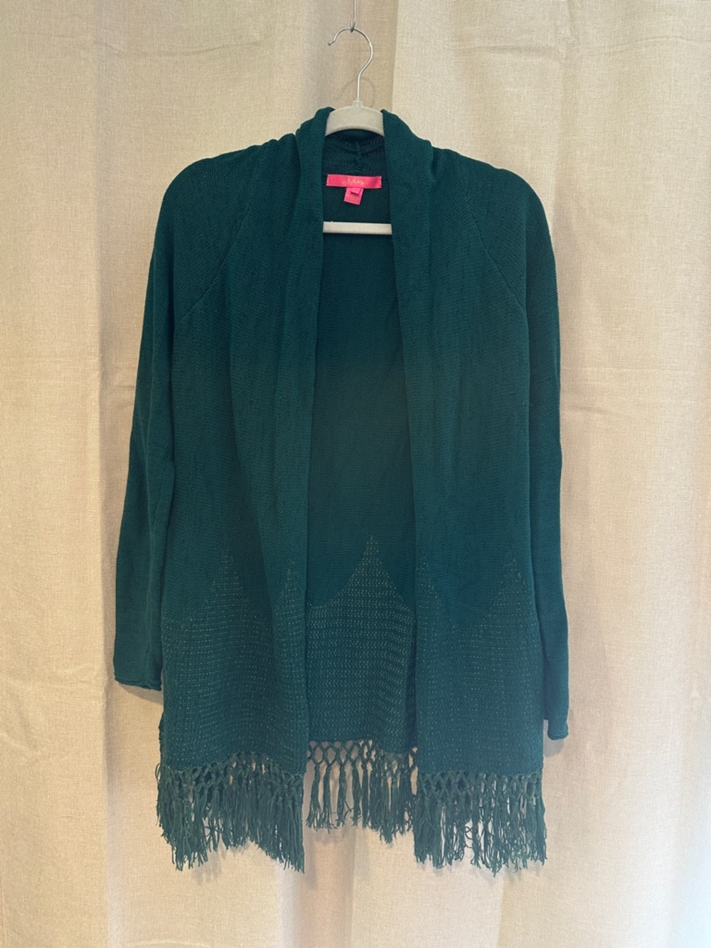 Lilly Pulitzer Teal Open-Front Fringe Knit Cardigan